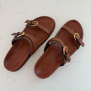 Zara Brown Leather Slide Sandals with Gold Buckles